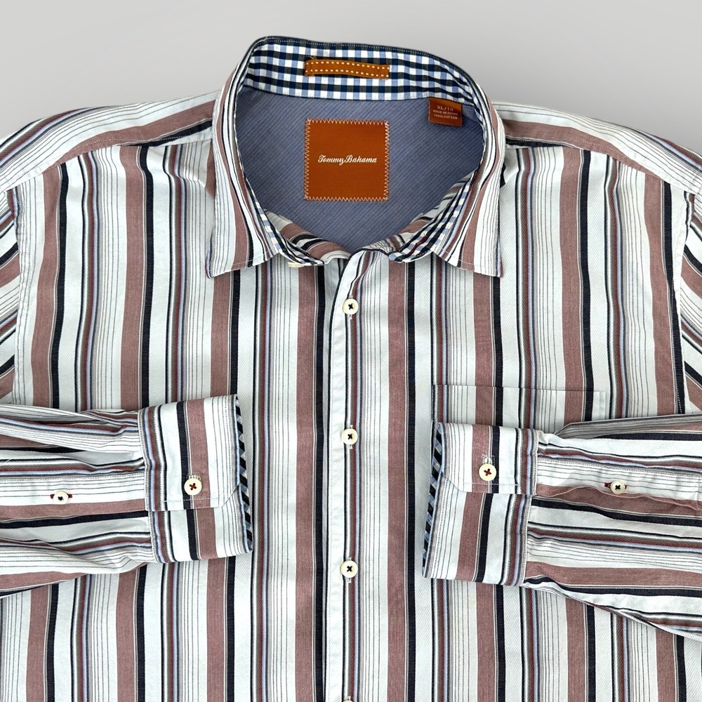 Tommy Bahama Shirt Mens XL Red‎ Black Gray Stripe Cotton Casual Button Up